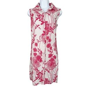 Lina Tomei linen beige red floral sleeveless shift dress button front S